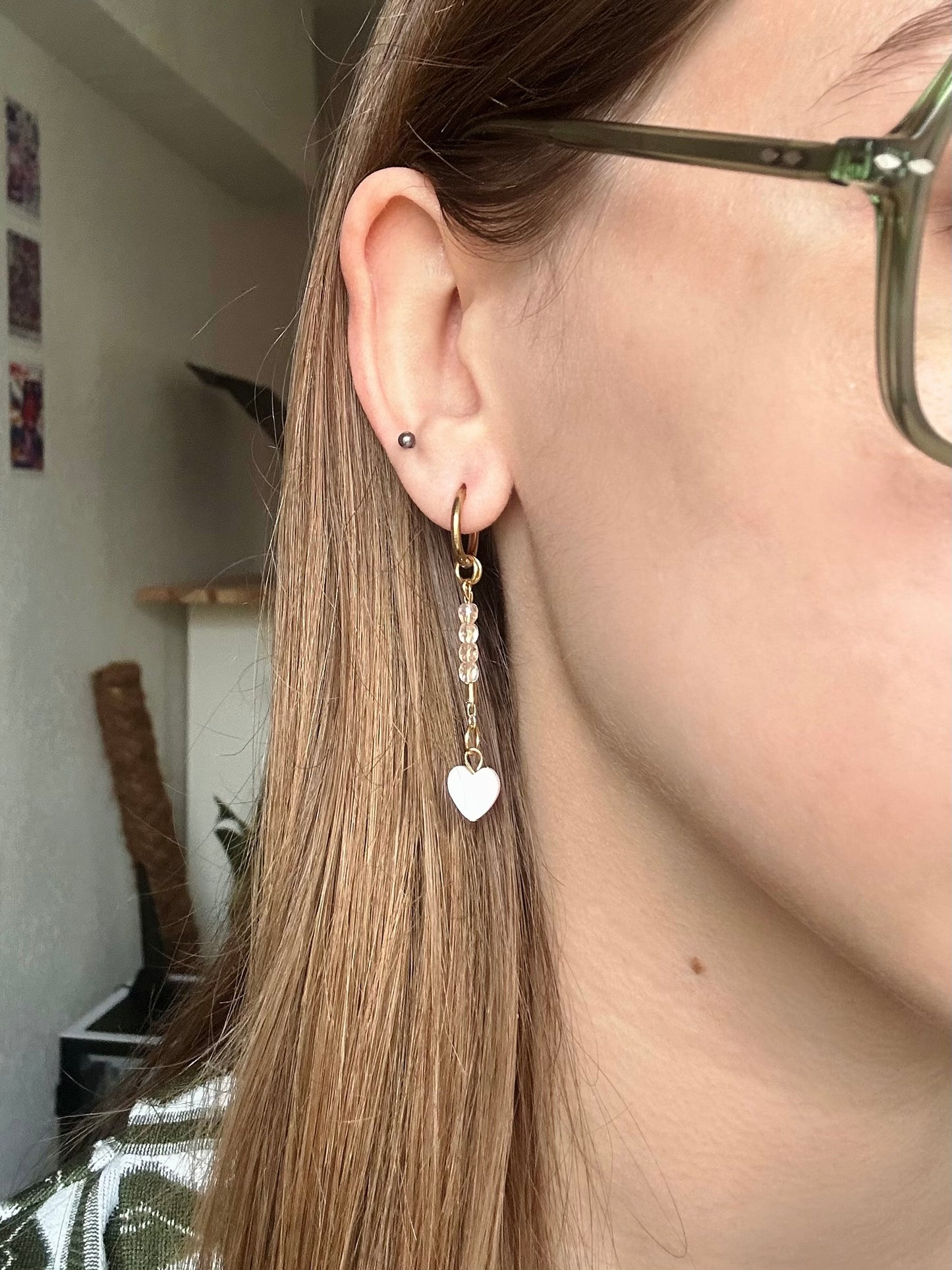 Boucles d'oreilles pendantes - Coeur nacré